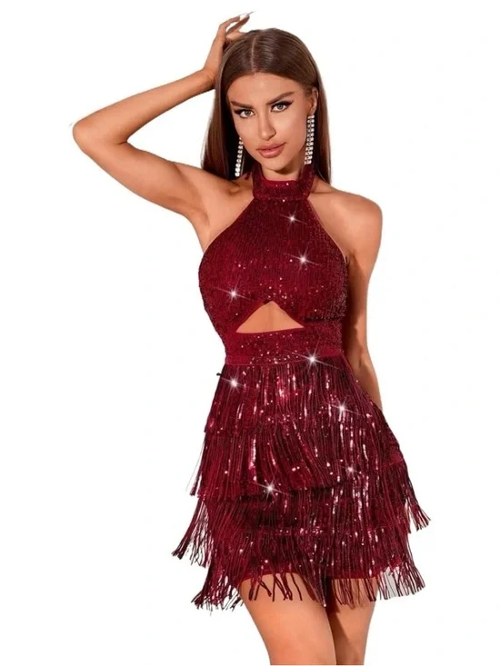 New Women's Sexy halter Sleeveless Bead Fringe Sequin Exposed Navel Dress (XL) - Picture 4 of 16